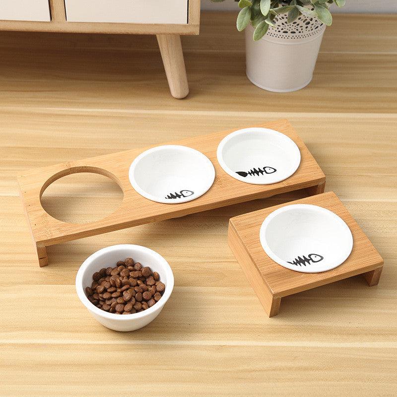 Stylish Bamboo And Ceramic Cat Dog Feeder Bowls-0