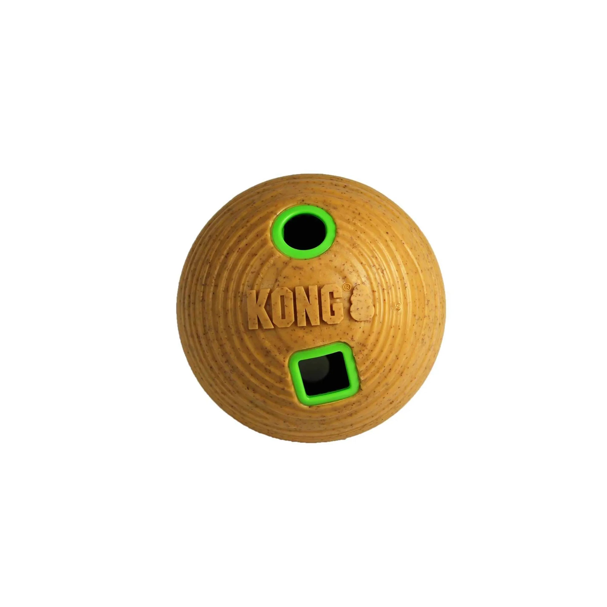 Wooden KONG dog toy with green accents on a white background