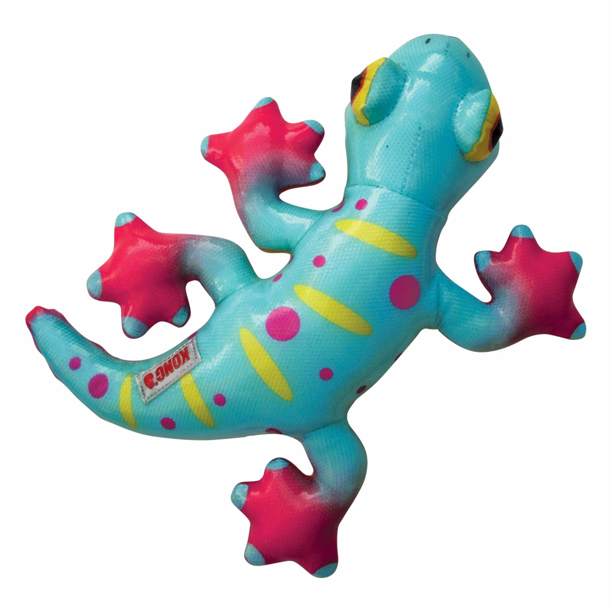 Colorful toy lizard with pink and blue accents on a white background