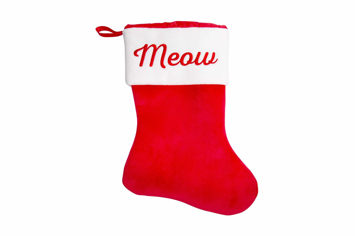 Red stocking with 'Meow' text on a white background