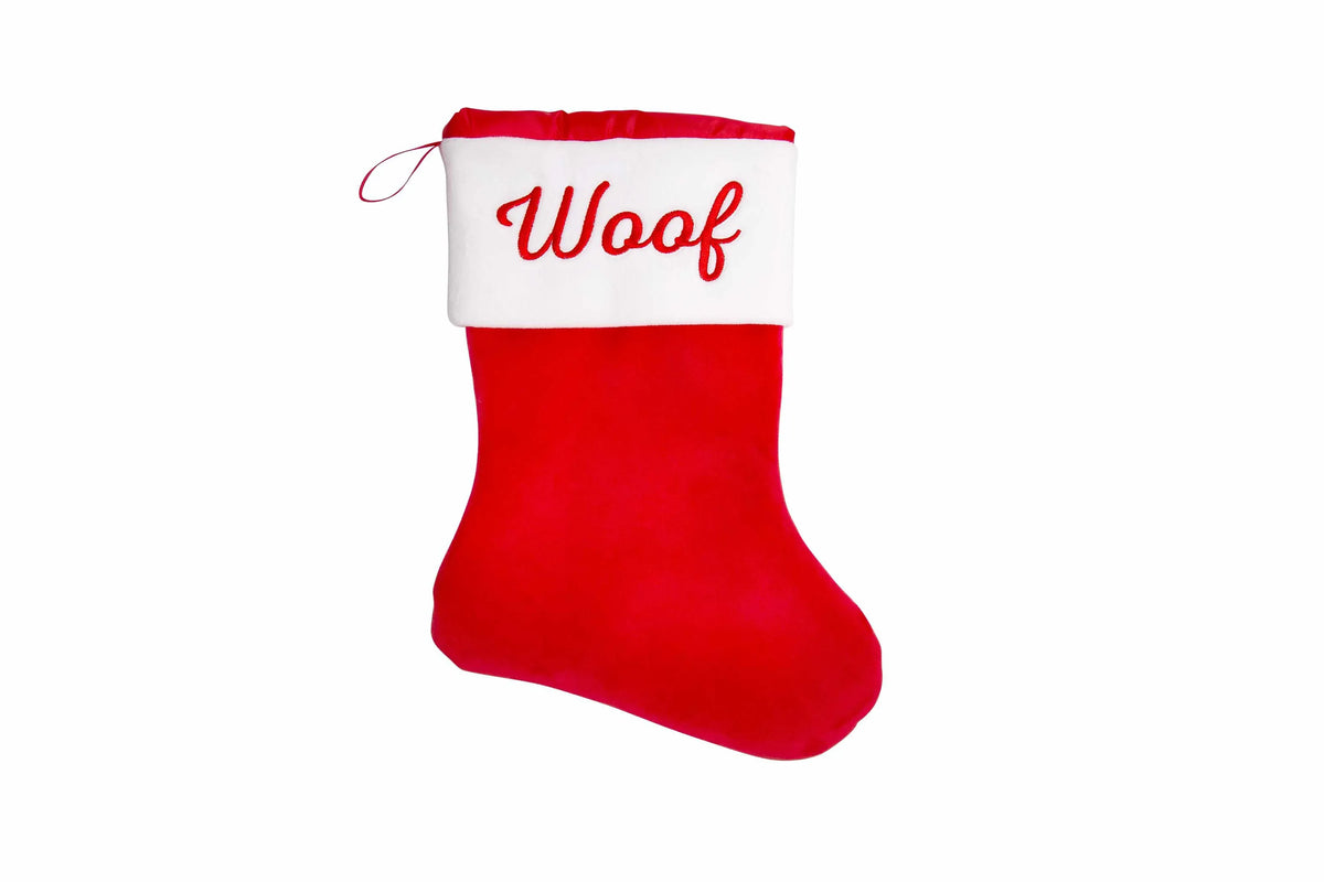 Red stocking with 'Woof' text on a white background