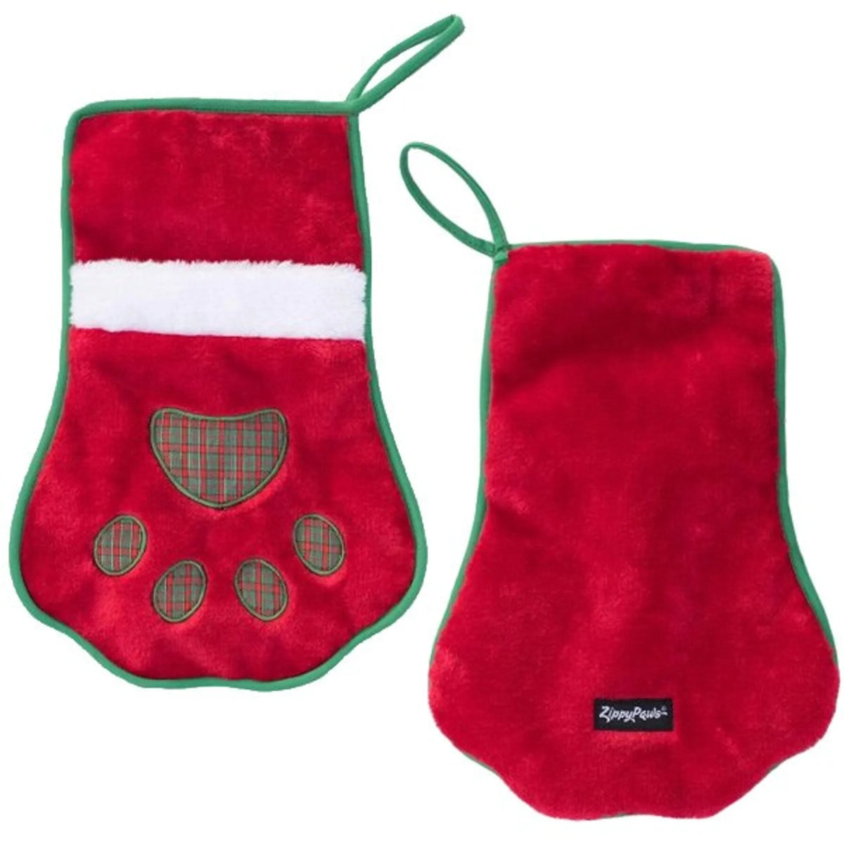 Red pet stocking with green trim and paw print design on a white background