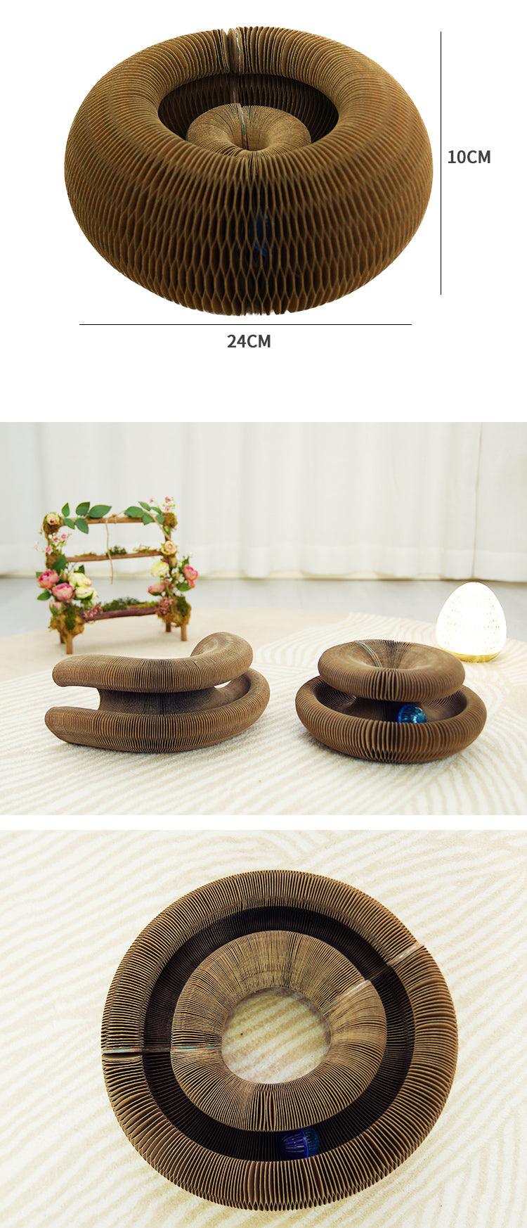 Brown circular scratcher with measurements on a white background