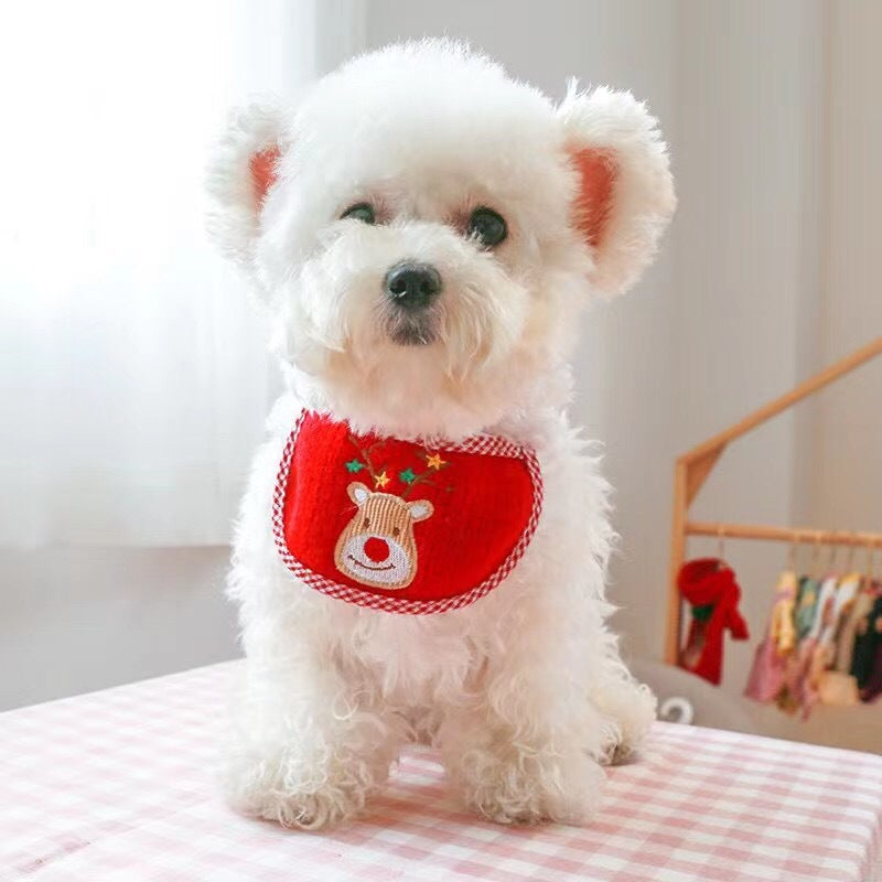 white dog in reindeer motif bib