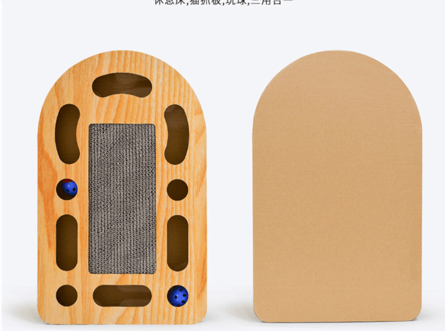 Wooden pet toy with textured surface and embedded stones on a white background