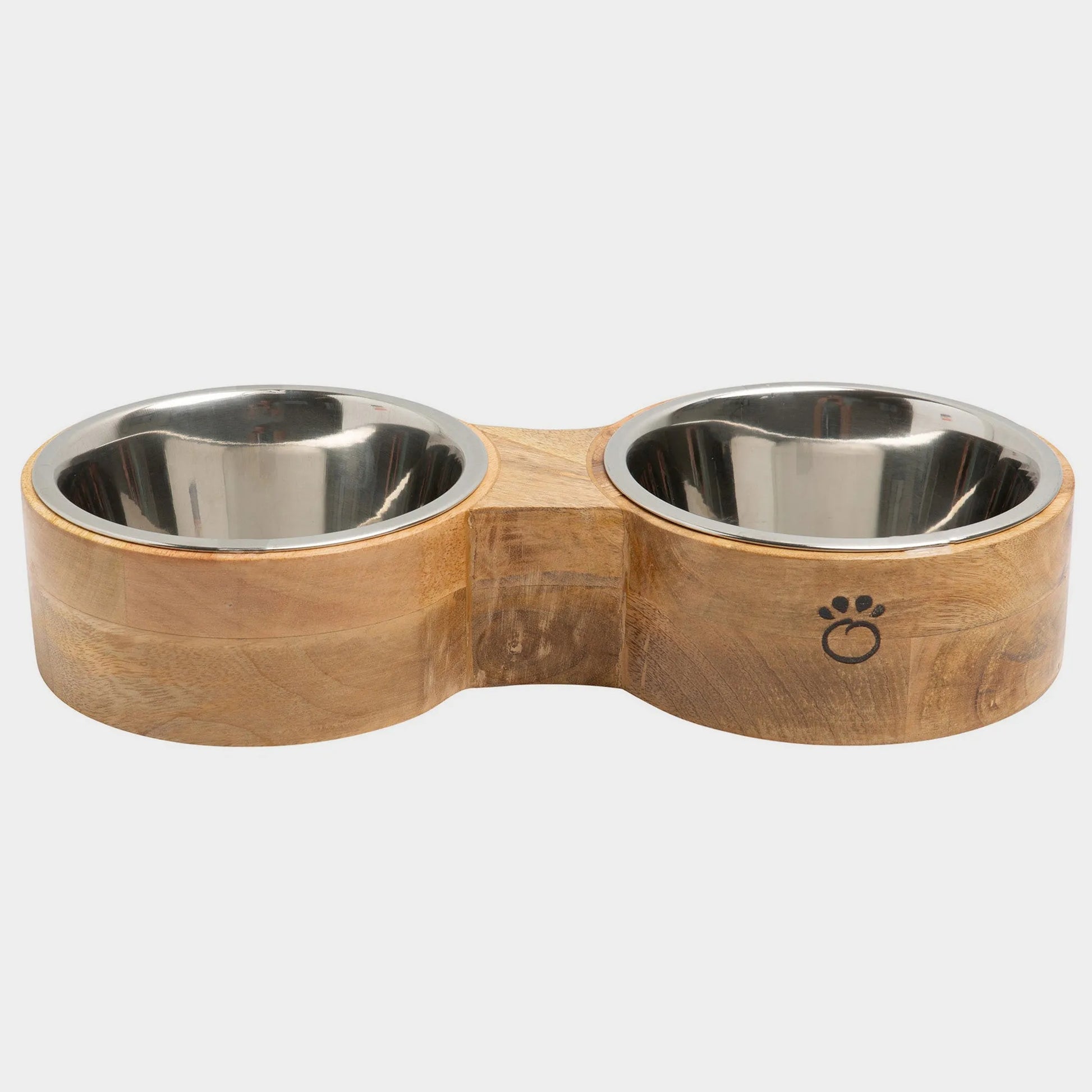 Wooden double pet feeder with stainless steel bowls on a white background