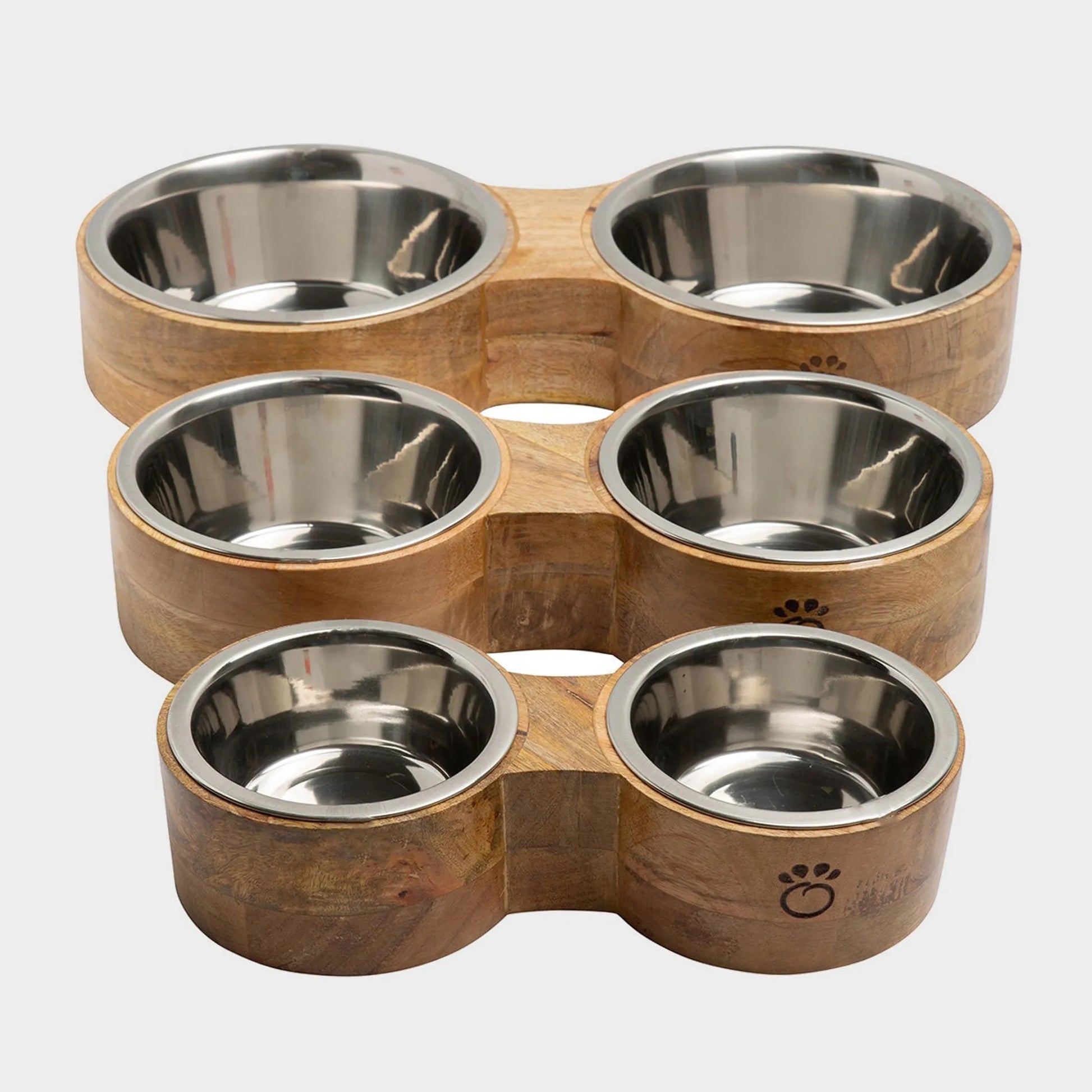 Wooden pet feeder with six stainless steel bowls on a white background