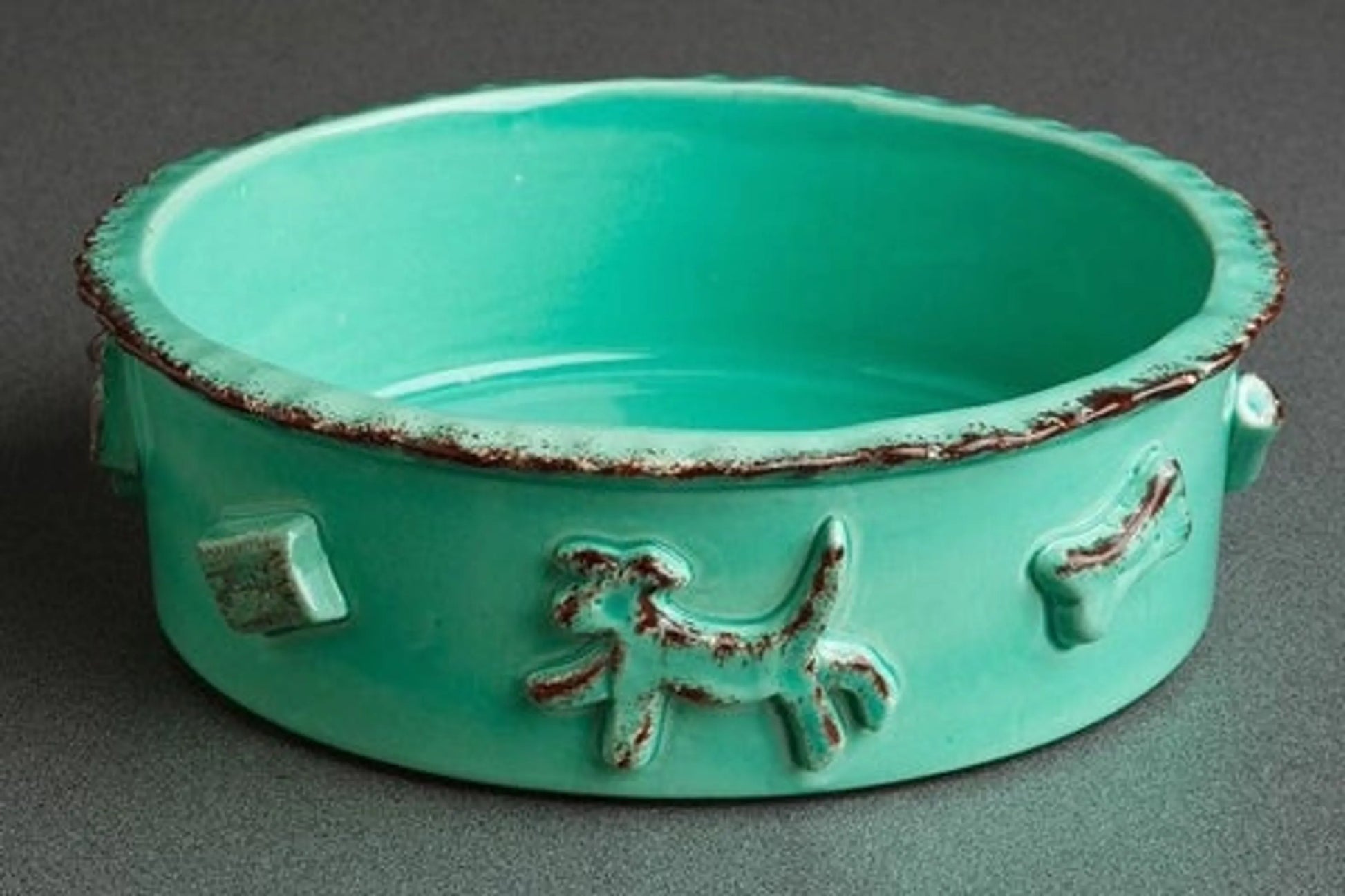 Turquoise ceramic pet bowl with dog illustrations on a gray background