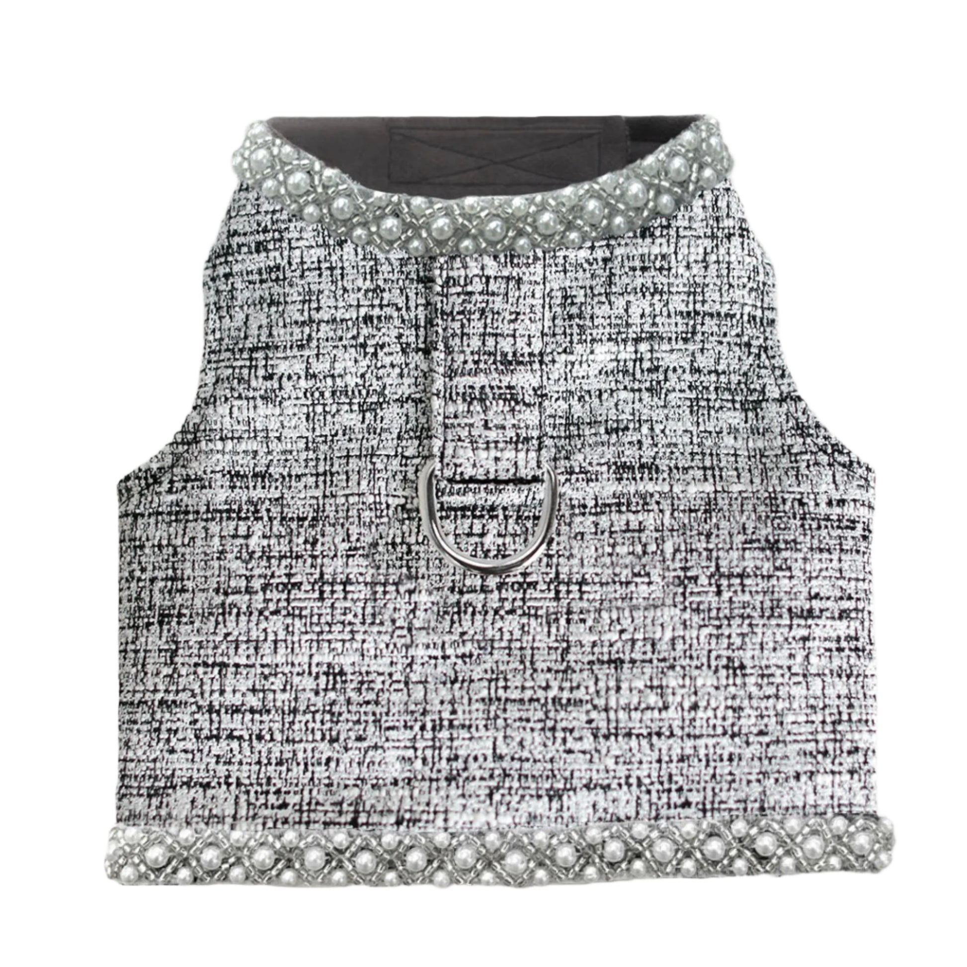 Black and white woven dog harness with pearl trim