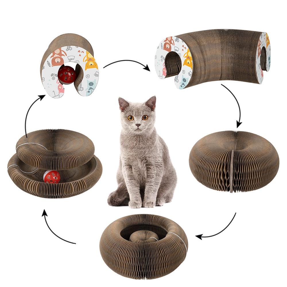 Cat sitting among various stages of a cardboard cat scratchers with different designs and features.