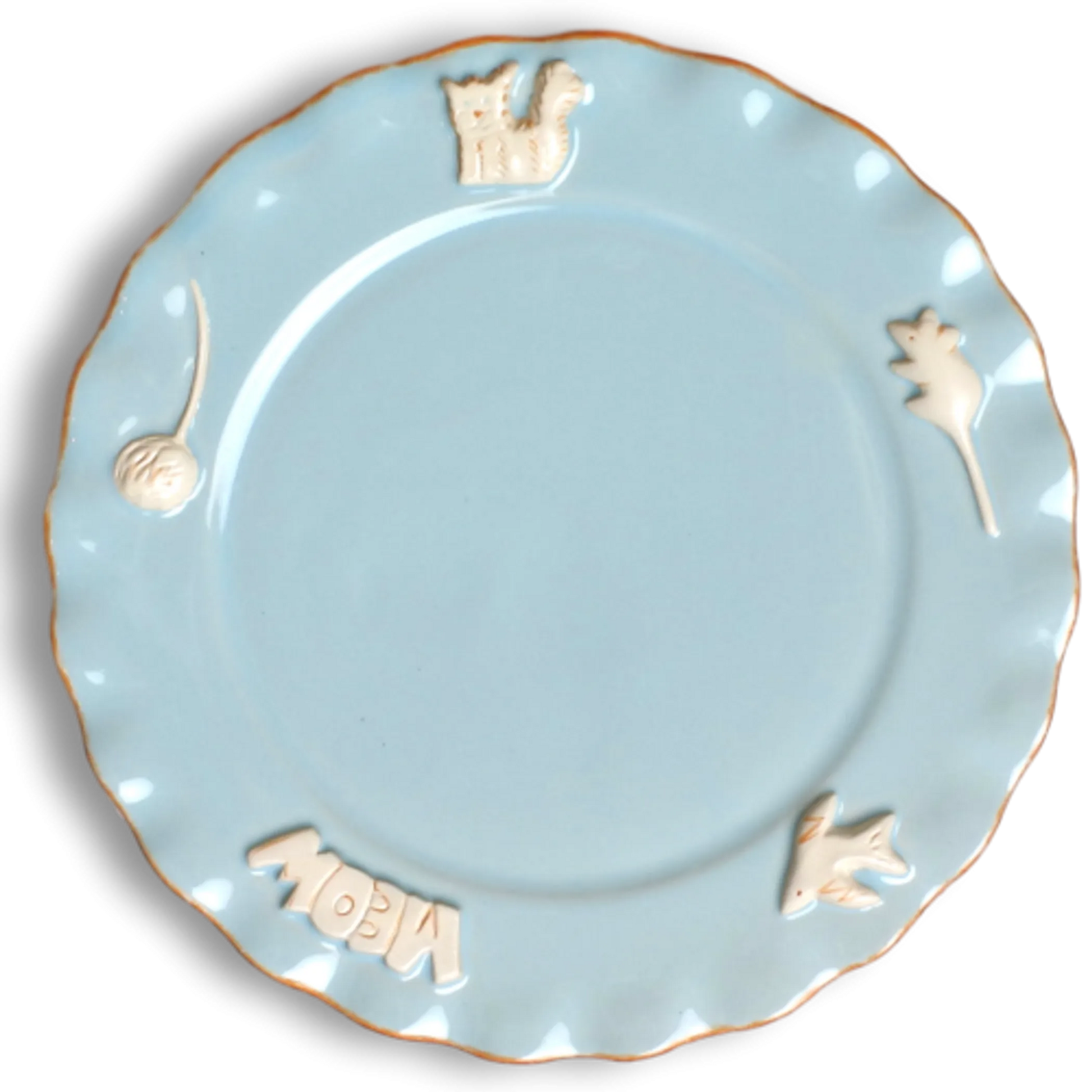 Light blue ceramic plate with decorative elements on a white background