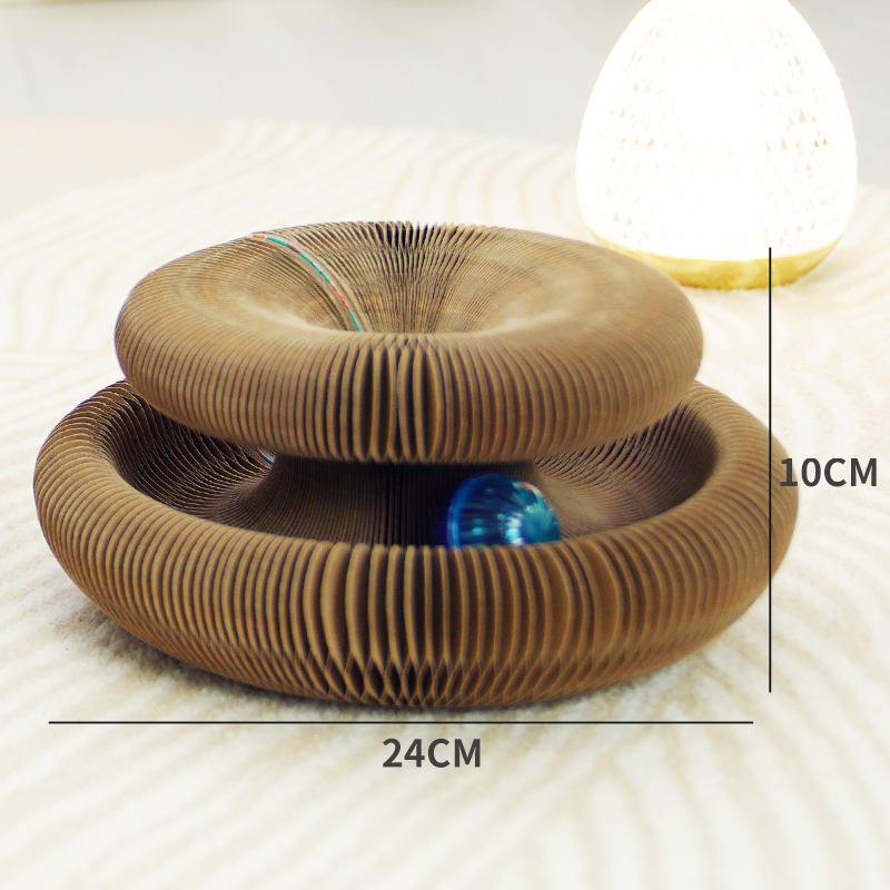 Cardboard cat scratcher with dimensions on a white background