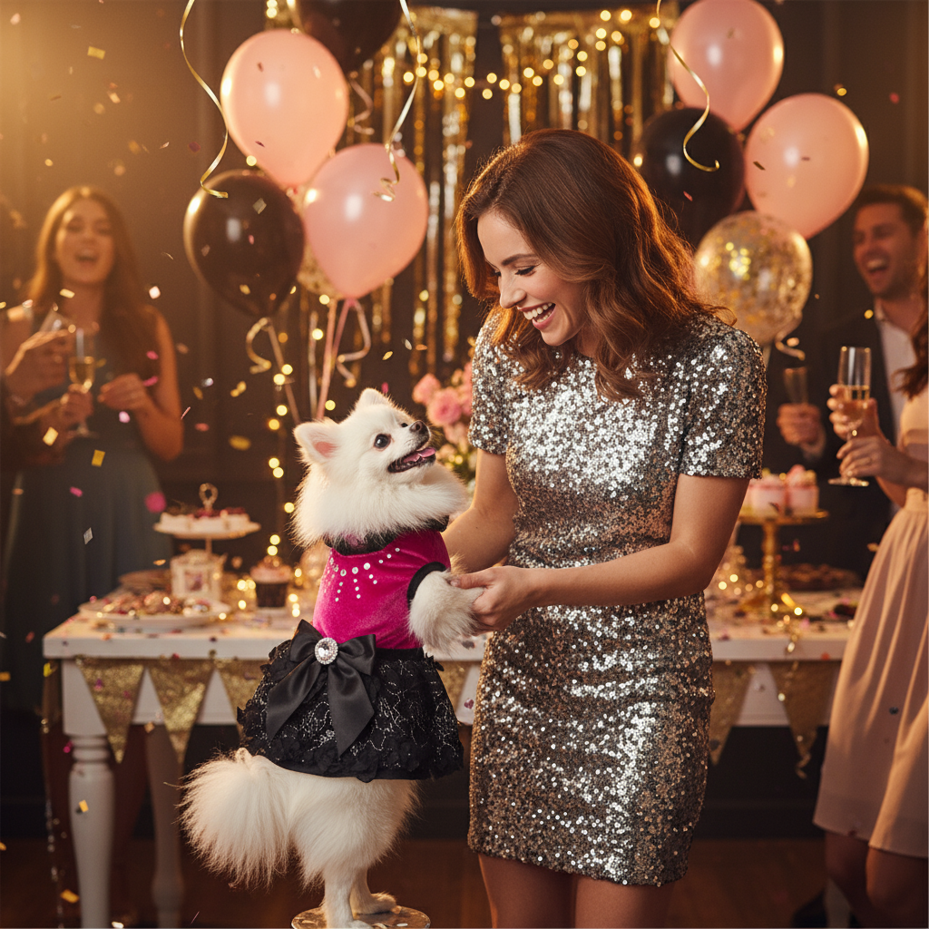 white dog in black and pink arty dress at party with mom