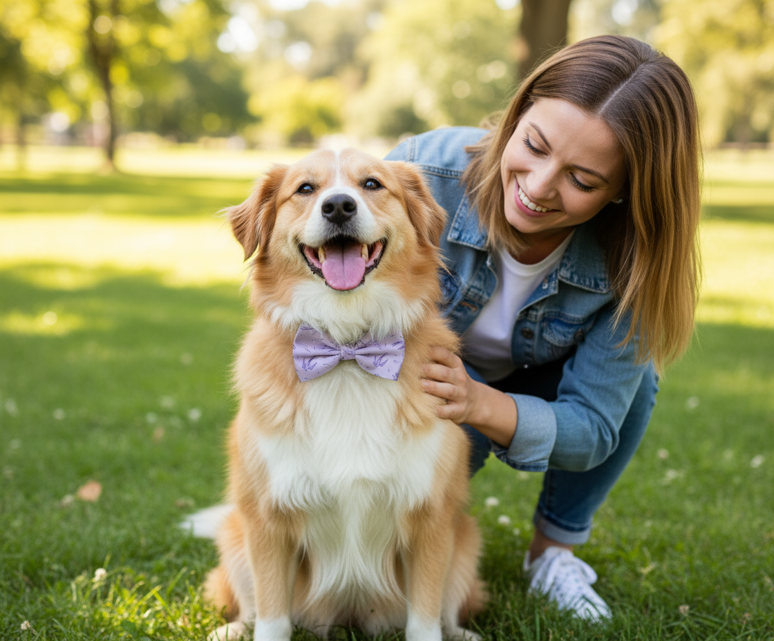 Dog wearing Lilac Purple swallow dog bow tie outside with mom