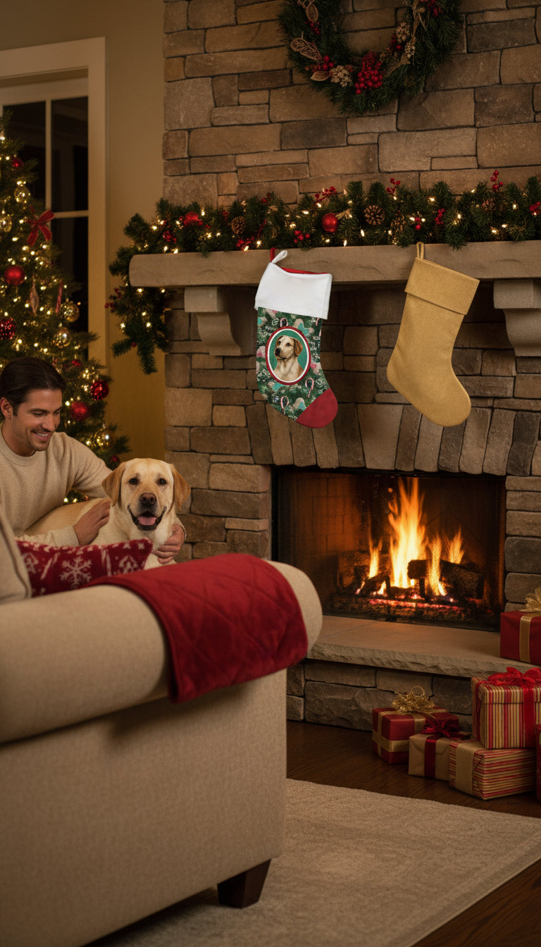 Christmas stockings hanging from the fireplace with man and golden labrador