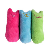 Three colorful plush toys shaped like cats on a white background