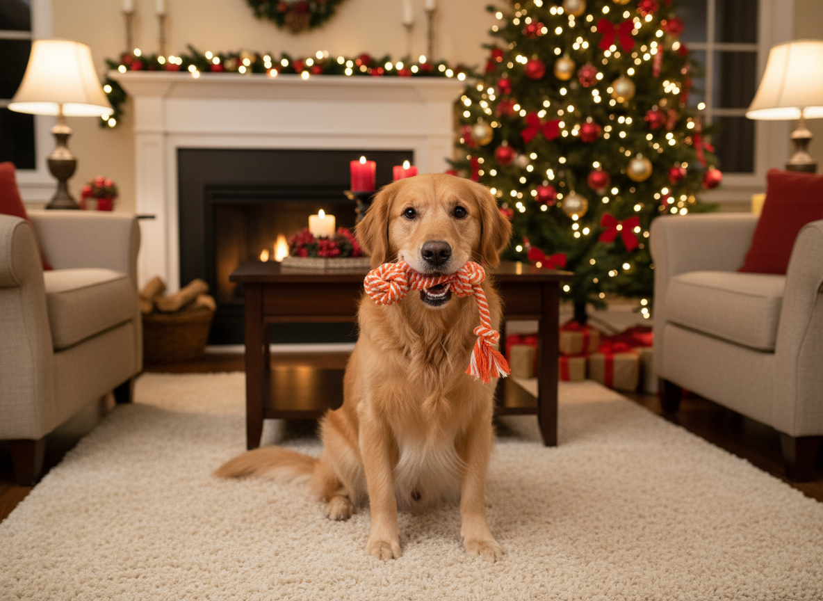 Dog sitting in a cozy living room with a Christmas tree and fireplace.