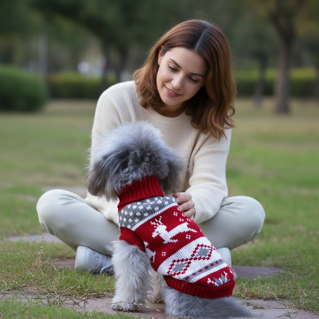 gray and brown dog wearing Festive Reindeer Print Christmas Dog sitting with woman in the grass