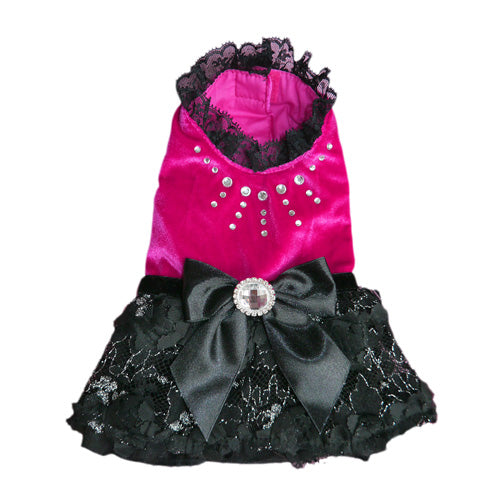 Pink and black dog dress with bow and lace collar
