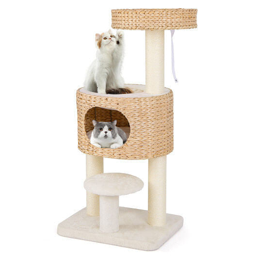 Cat tree with two cats on a white background