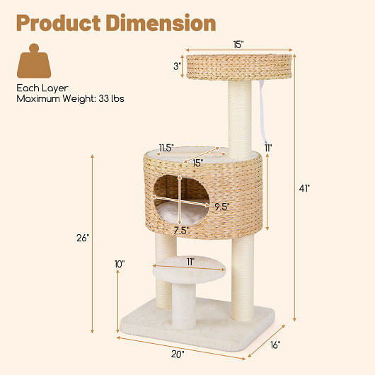 Dimensions of a cat tree with wicker and sisal elements on a white background