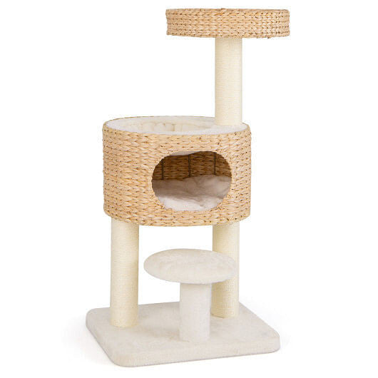 Cat tree with wicker and sisal design on a white background