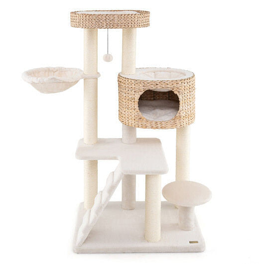 Cat tree with multiple levels, scratching posts, and a platform on a white background