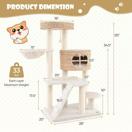 Cat tree with dimensions and weight capacity on a white background