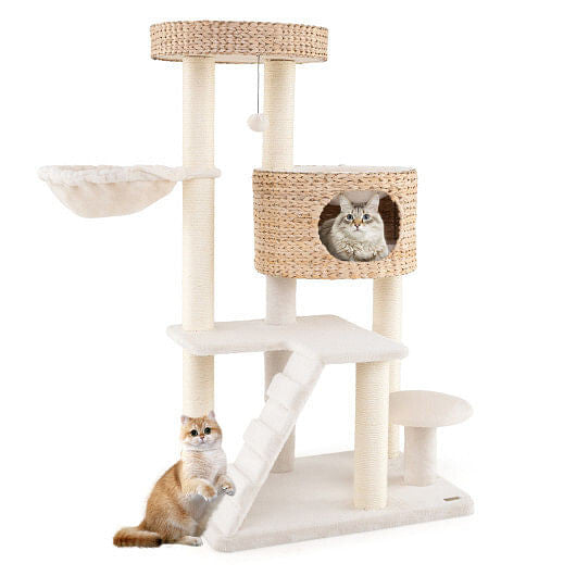 Cat tree with multiple levels and a basket, featuring two cats on a white background.