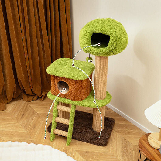 Green and brown cat tree with a ladder on a wooden floor.