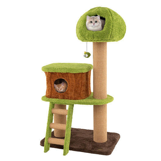 Cat tree with green and brown platforms and a cat sitting inside one of the holes.