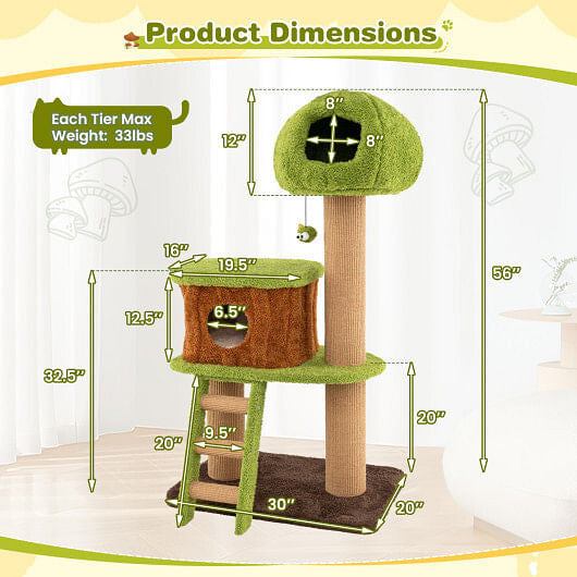 Dimensions of a cat tree with various measurements labeled