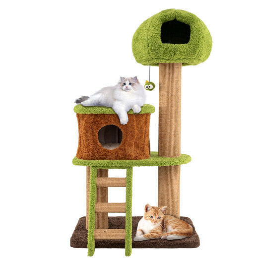 Cat tree with multiple levels and a green top, featuring two cats on different levels.