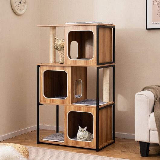 Wooden pet play structure with a cat inside in a room setting.
