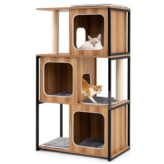 Wooden cat tree with multiple levels and a cat sitting on one of the platforms.