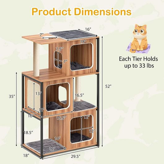 Dimensions of a multi-tiered cat tree with dimensions labeled on a light green background.