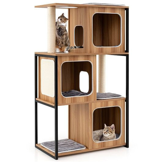 Wooden cat tree with multiple levels and a cat sitting on top