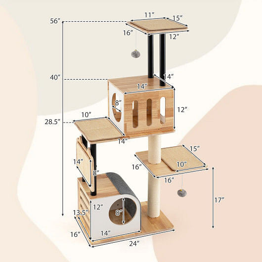 Dimensions of a wooden cat tree with various platforms and a scratching post on a beige background.
