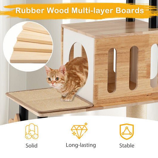 Wooden cat tree with a cat on a platform, highlighting rubber wood multi-layer boards.