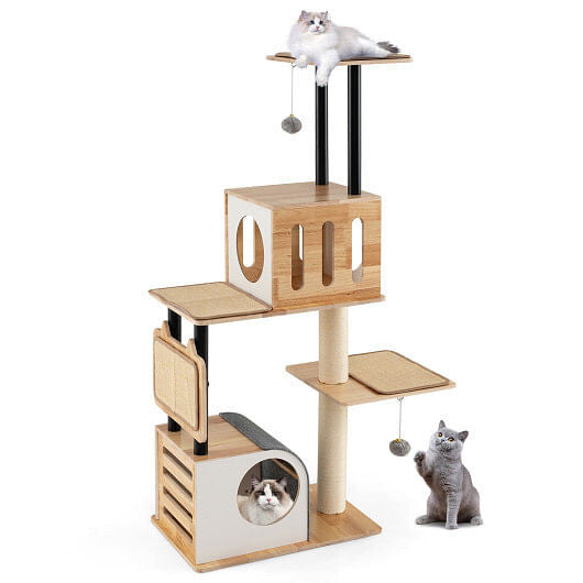 Cat tree with multiple levels and a cat sitting on top, another inside a cylindrical hideout, and one standing on the ground.