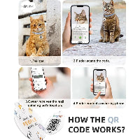 Step-by-step guide on how a QR code works for a lost pet, showing a cat, phone scans, and communication process.