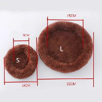 Two brown pet beds with measurements on a white background