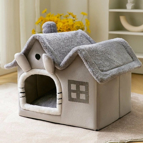 Gray Removable Roof Plush Pet House in living room
