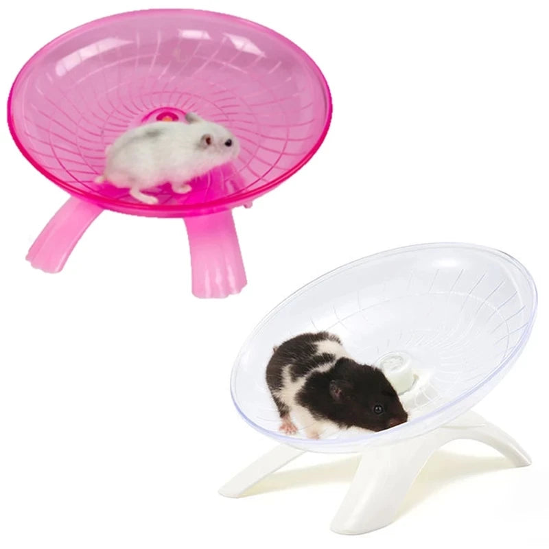 Pink stationary small pet wheel and white wheel with hamster