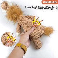 Dog toy shaped like a lion with a hand holding it, labeled for small to medium dogs.