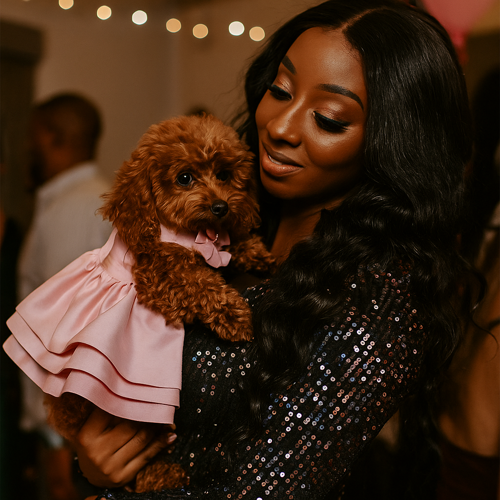 woman holding dog in pink dress