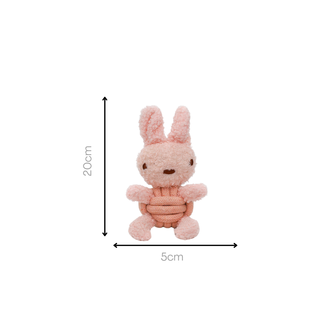 Small pink plush toy with dimensions on a white background