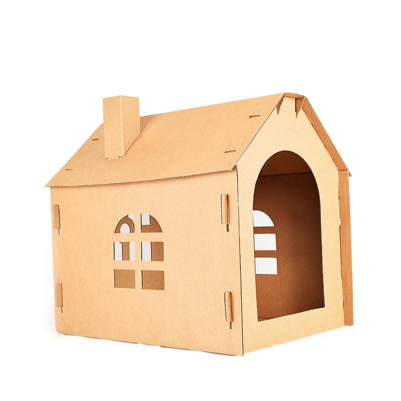 Cardboard playhouse with window cutouts on a white background