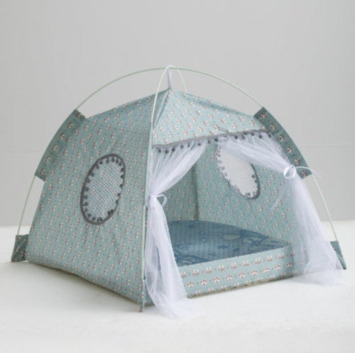 Light green print cat tent with blue inner bed