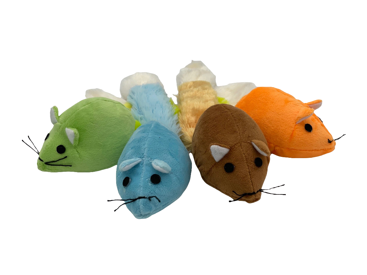 Set of colorful plush mice toys on a white background